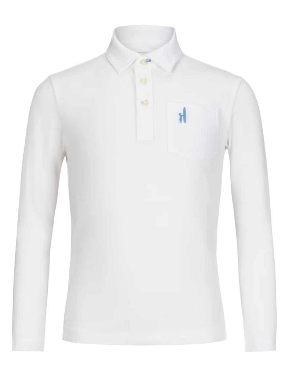 johnnie-O White Long-Sleeve Polo with Chest Pocket and Light Blue Logo